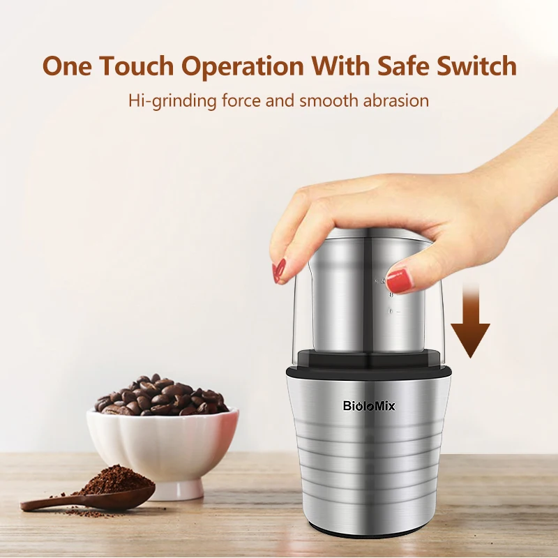 Coffart By BioloMix 2-in-1 Wet and Dry Double Cups 300W Electric Coffee Bean Grinder Stainless Steel Body and Miller Blades 2