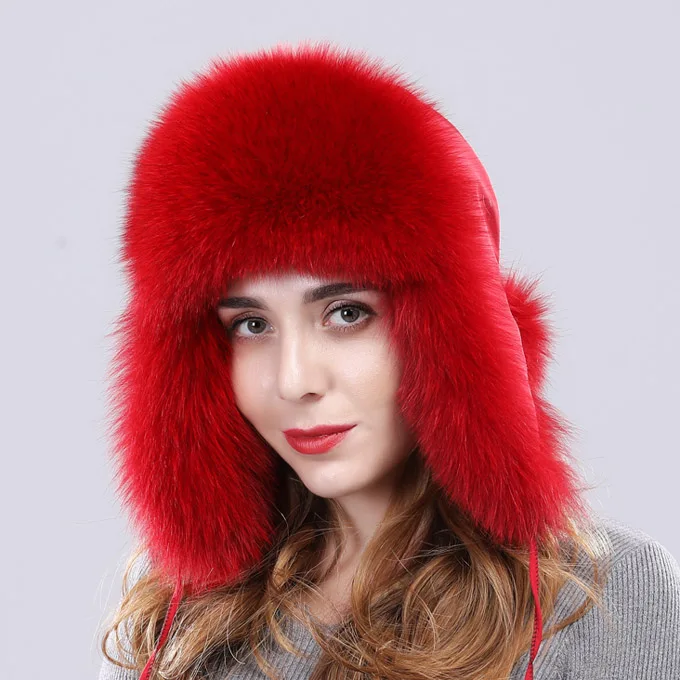 Winter women fur hat lady real fox fur cap protect ear warmer fox pom poms Bomber Hat hot sale new arrival - Цвет: red