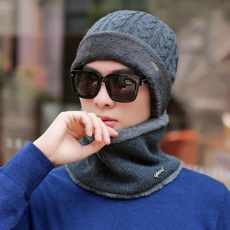 Зимние шапки для мужчин Skullies Beanie шапка зимняя шапка женский шерстяной шарф Кепки s комплект Балаклава маска капор вязаная шапка 55-62 см - Цвет: 01