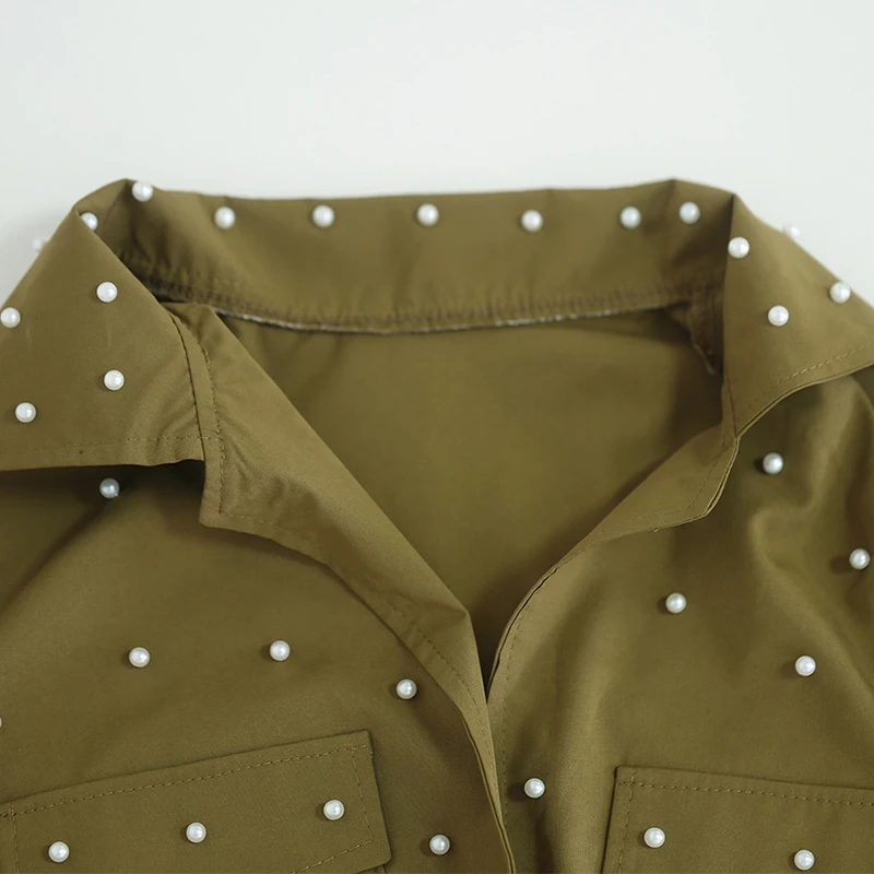 Winter Caual Diamond Long Sleeve Jumpsuit Women Deep V Tight Waist Loose Rompers Khaki Vintage Streetwear Overalls Beading Suit