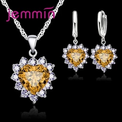 Elegant Heart Pendant & Hoop Earrings Jewelry Set in Sterling Silver (Champagne)