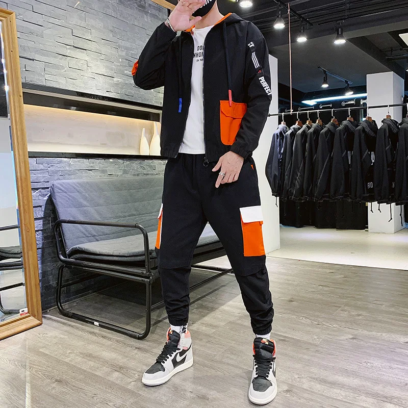 

Autumn New Fashion Cardigan Hoodie Suit Male Hong Kong Style Trend Casual Handsome Sports Two-piece Suit Male Men Outfit Set