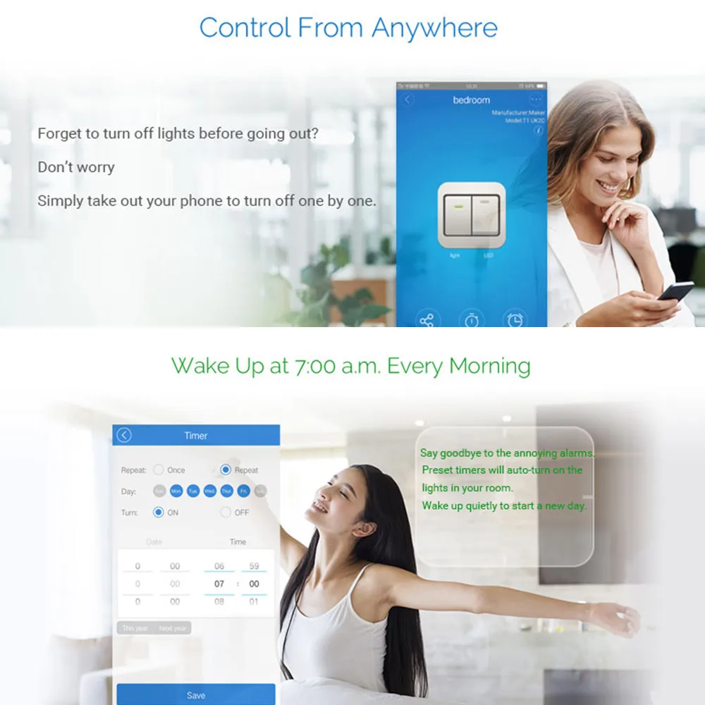Умный Переключатель ЕС WiFi с двумя кнопками для Amazon Alexa/Google Home App control