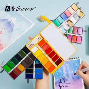 

Superior 48/60 Colors Solid Watercolor Paint Set Folding Water Color Pigment Drawing Painting for Artist Art Supplies Brush Pen