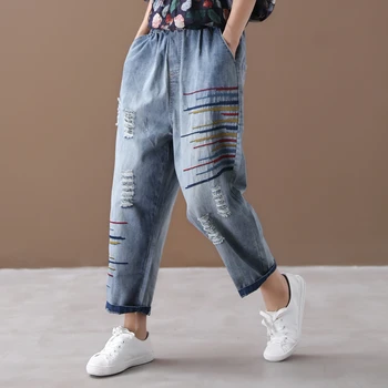 

[EWQ] 2020 Spring New Pattern Jeans Style Ankle-Length Solid Vintage Bleached Color Stripe Mid Waist Elastic Denim Pants AF897
