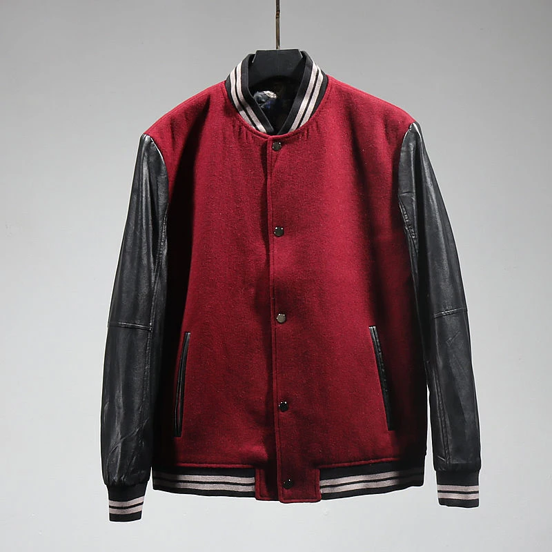 Burgundy Red Winter Fashion Brand Leather Sleeve College Baseball