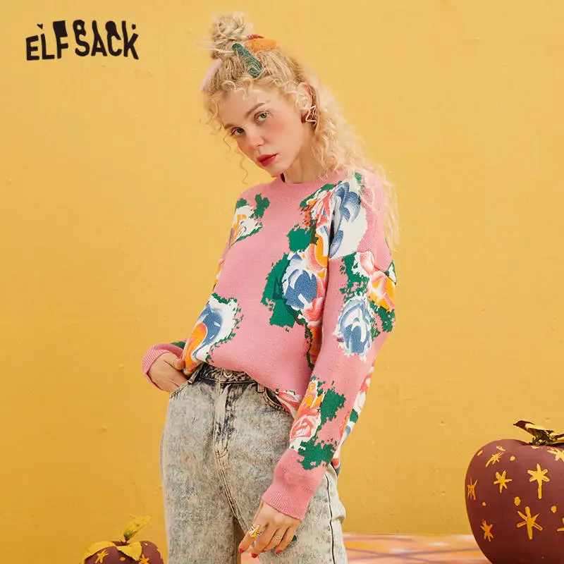 

ELFSACK Pink Floral Print Korean Style Knitted Women Pullover Sweaters 2020 Winter Long Sleeve Loose Casual Office Ladies Tops