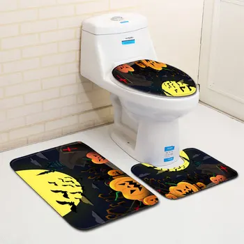 

Halloween Party Toilet Seat Cover Memory Foam WC Mat Pumpkin Lantern Printed Anti slip Bath Mat Set for Bathroom