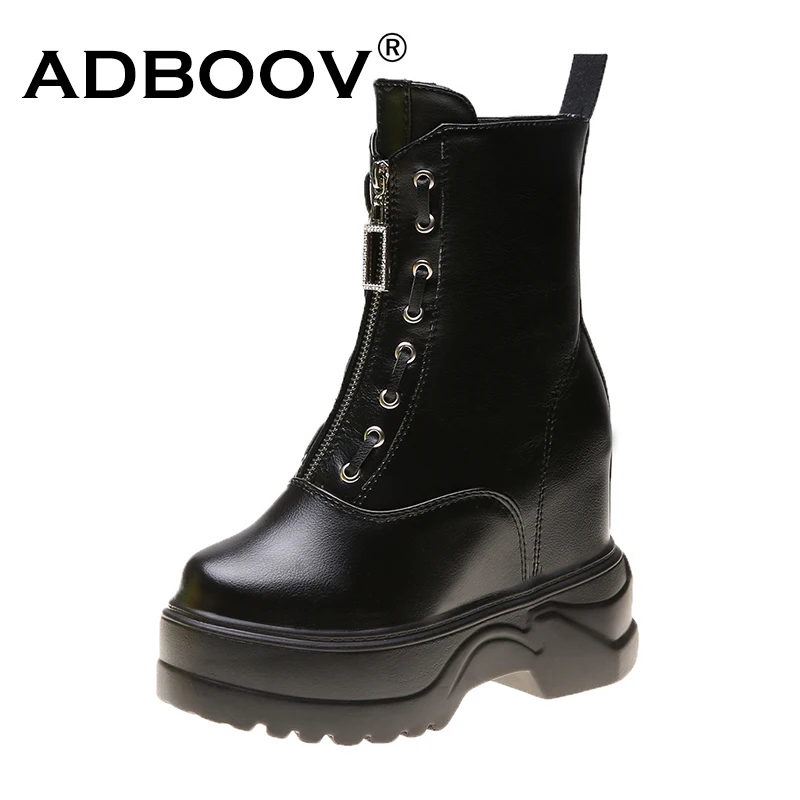 

ADBOOV Short Plush Lining Ankle Boots Women Front Zip Platform Boots Height Increasing Winter Boots