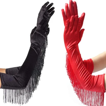 

3 Colors Fashion Black White Red Tassels Long Satin Gloves Women Opera Evening Party Costume Gloves Dance Performance Mittens