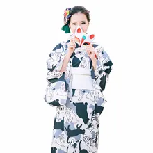 Для женщин традиционное платье-кимоно с Оби Пояс черный, белый цвет с рисунком кота одежда Yukata японские кимоно костюм для косплея один размер