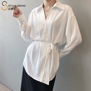 

ã€SusanZhongã€‘Women Shirts Female Blouses Tops Full Long Sleeve Modern Official V-Neck Solid Sashes Poplin Formal