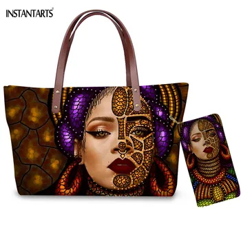 

INSTANTARTS Big Tote Bags for Women Shoulder-bags Colorful African Queen Girl Face Art Exotic Ethnic Style Girls Beach-Bags