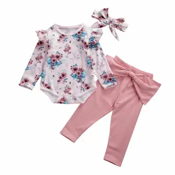 

Newborn Baby Girl Kids Flower Romper Tops + Pants + Headband Three-Piece Suit