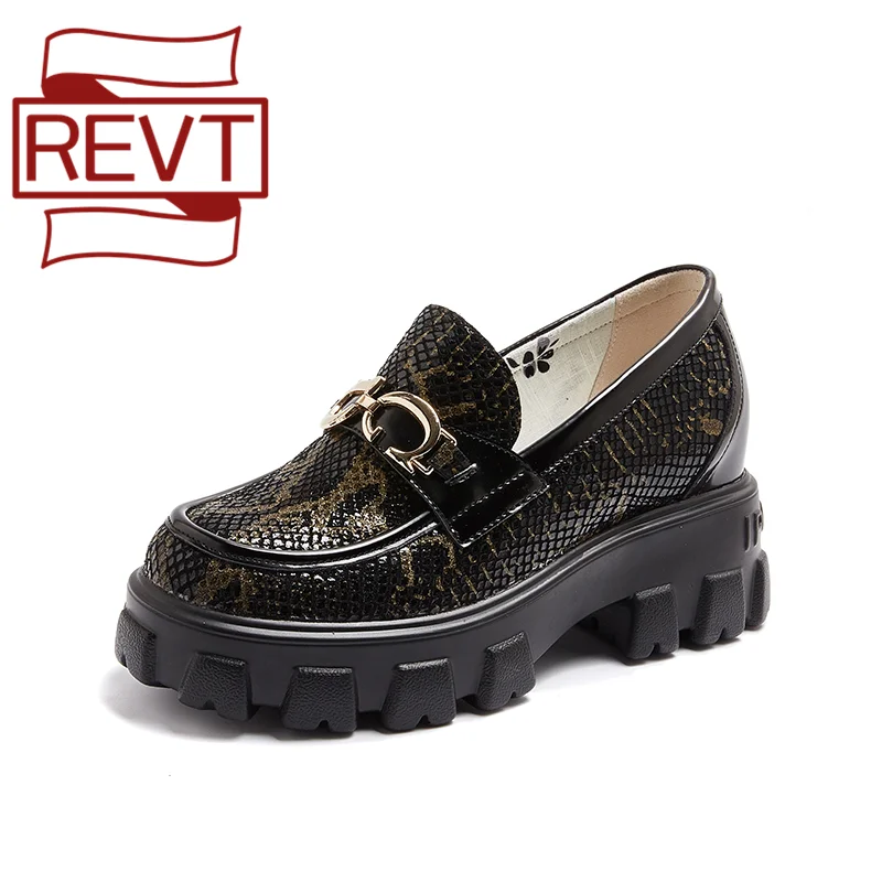 

REVT Spring Autumn Retro Rome British style real leather shoes lazy single shoes one pedal loafers 7.5CM increase women's shoes