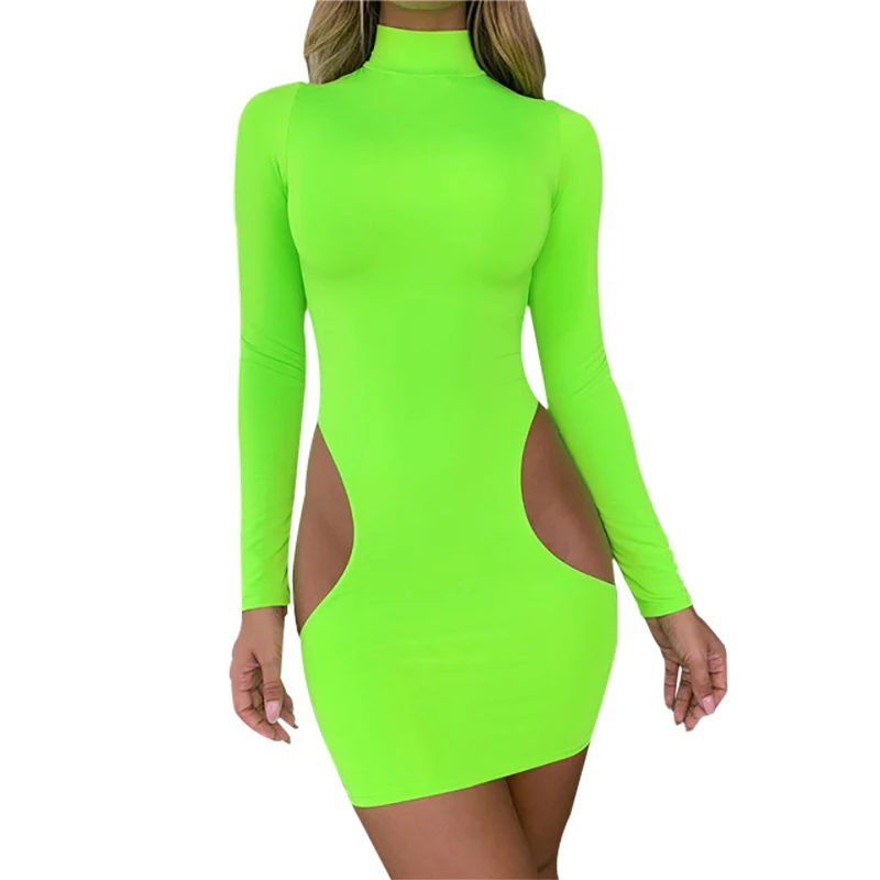 

NORMOV Sexy Women Dress Side Hollow Out High Waist LongSleeve O Neck Short Dress Bar Sheath Autumn Club Dress Feminina Plus