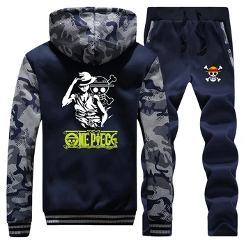

One Piece Luffy Hoodies casual Tracksuit Fashion Brand men clothing anime Jacket+Pants 2 Piece Sets Winter Warm Thick Sweatshirt