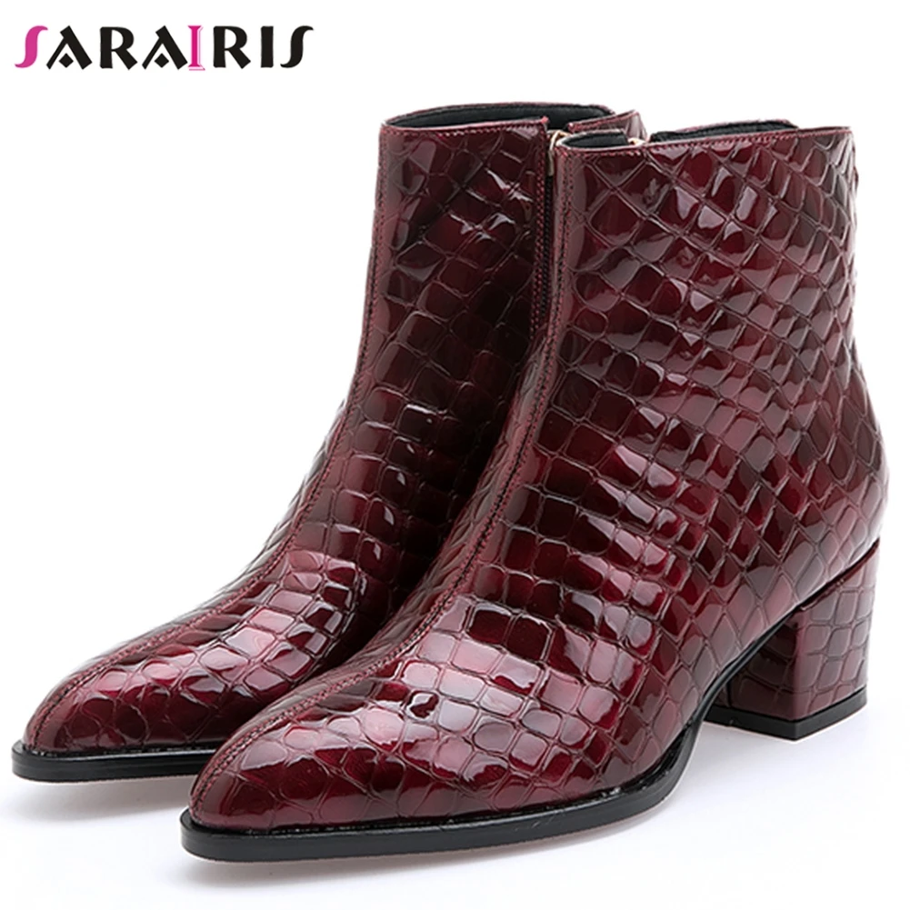 

SARAIRIS New Luxury Brand Fretwork Booties Ladies 33-43 Med Chunky Heels Ankle Boots Women 2019 OL Work Shoes Woman