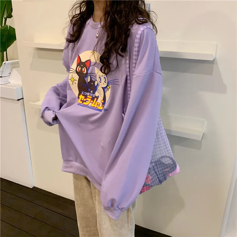Милый Пуловер с круглым вырезом и рисунком Сейлор Мун, женская фиолетовая тонкая Толстовка с длинным рукавом, толстовки, женская одежда Kawaii