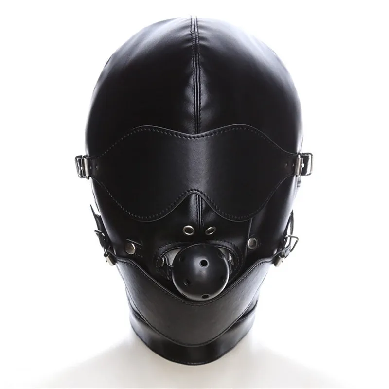 BDSM Headgear Sex Eye Mask Ball Blindfold Mouth Plug Hood PU Leather Slave Open Gag with Full Closed