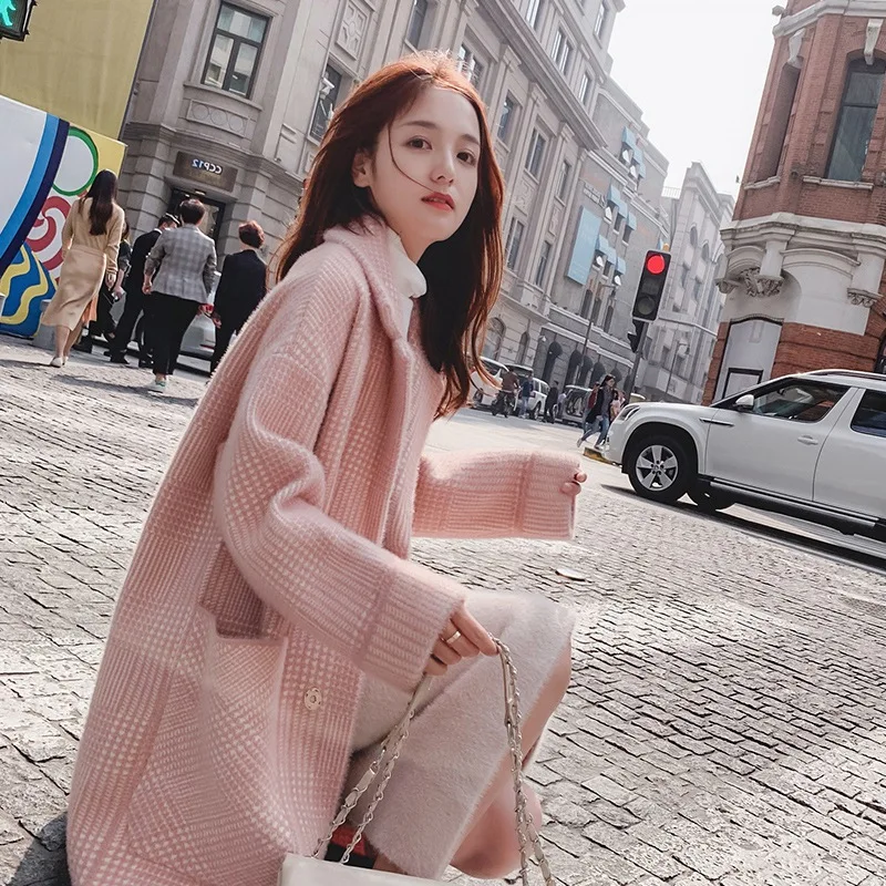 

Hipster Stripes Imitation Mink Velvet Coat 2018 Autumn And Winter New Style Loose-Fit Middle Long Coat Pocket Short-height Fashi