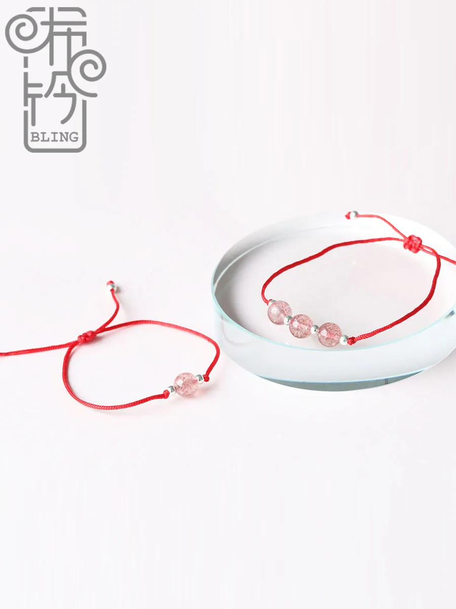 

Simple Crystal Red String Woven Hand Strap Korean-style Strawberry Pink Crystal Bracelets Women's Fine Silver Recruit Peach Blos
