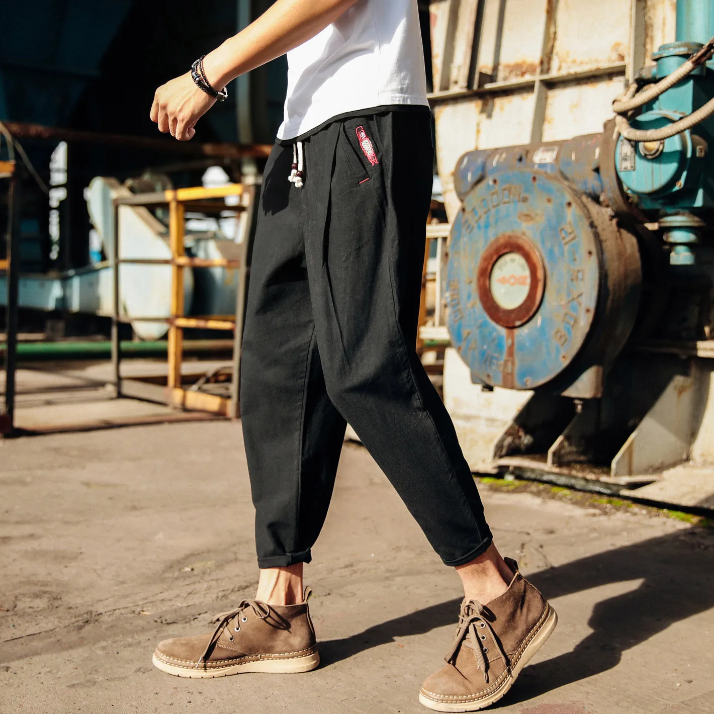 

New Style Autumn Linen Capri Pants Men's Embroidered 9 Radish Baggy Pants Chinese-style Casual Large Size Skinny Cotton Pants