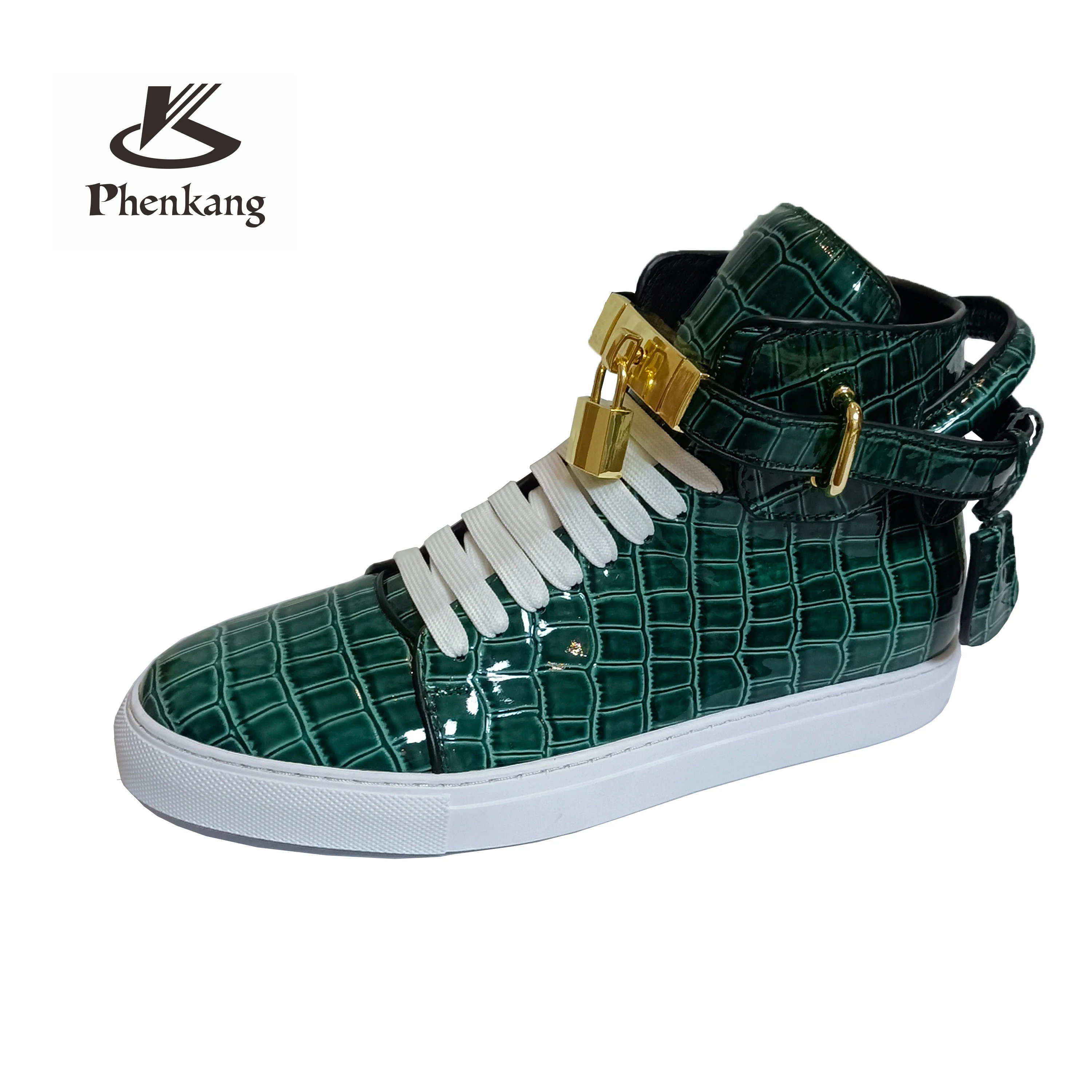 Phenkang Men Alligator Pattern High Top Sneakers Lock Lace Flats Glossy Real Leather Newest Designer Boots Men&lsquo;s Casual Shoes