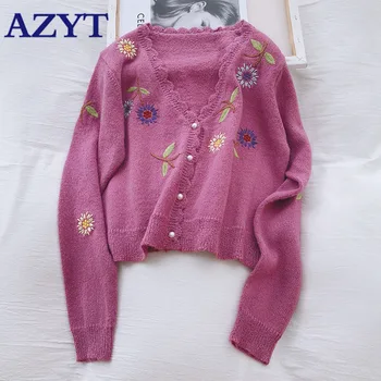 

AZYT Autumn New V Neck Cropped Knitted Female Cardigan 2020 Fashion Embroidery Loose Streetwear Women's Sweater Coat