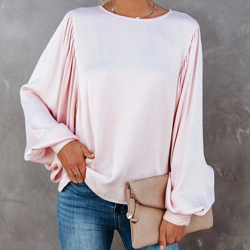 

Autumn Round Neck Satin Long Lantern Sleeve Women Blouse Tops 2020 Winter Solid Loose Office Lady Female Pullover Top