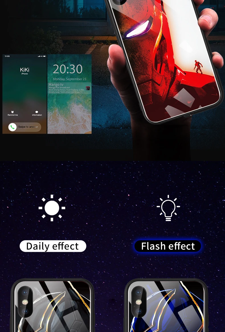 Чехол Marvel iron man для iPhone XS MAX XR X 6 7 8 6S Plus, светодиодный фонарик, напоминание о входящем светящемся стекле