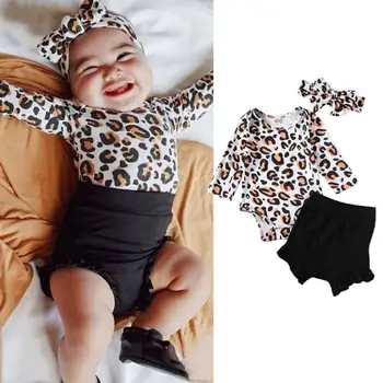 

Newborn Infant Baby Girl Spring Summer Clothes Set 3pcs Leopard Long Sleeve Romper Pants Headband Outfits Set 6-24Months