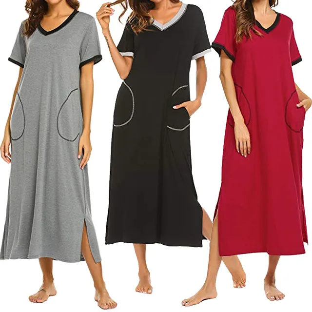 Women’s Nightdress Short Sleeve Nightgown Ultra-Soft Full Length Sleepwear Dress Silk Robe Femme Loose Pajamas пижама женская 1