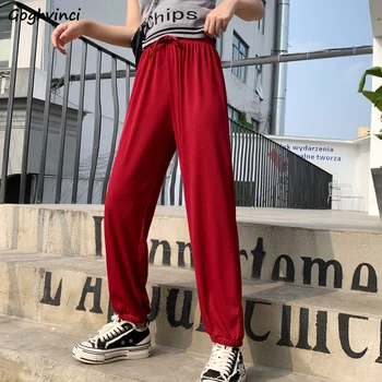 

Trousers Women Solid Summer High Waist Pants Breathable Womens Korean Style New Fashion 2020 Comfortable Loose Slim Drawstring