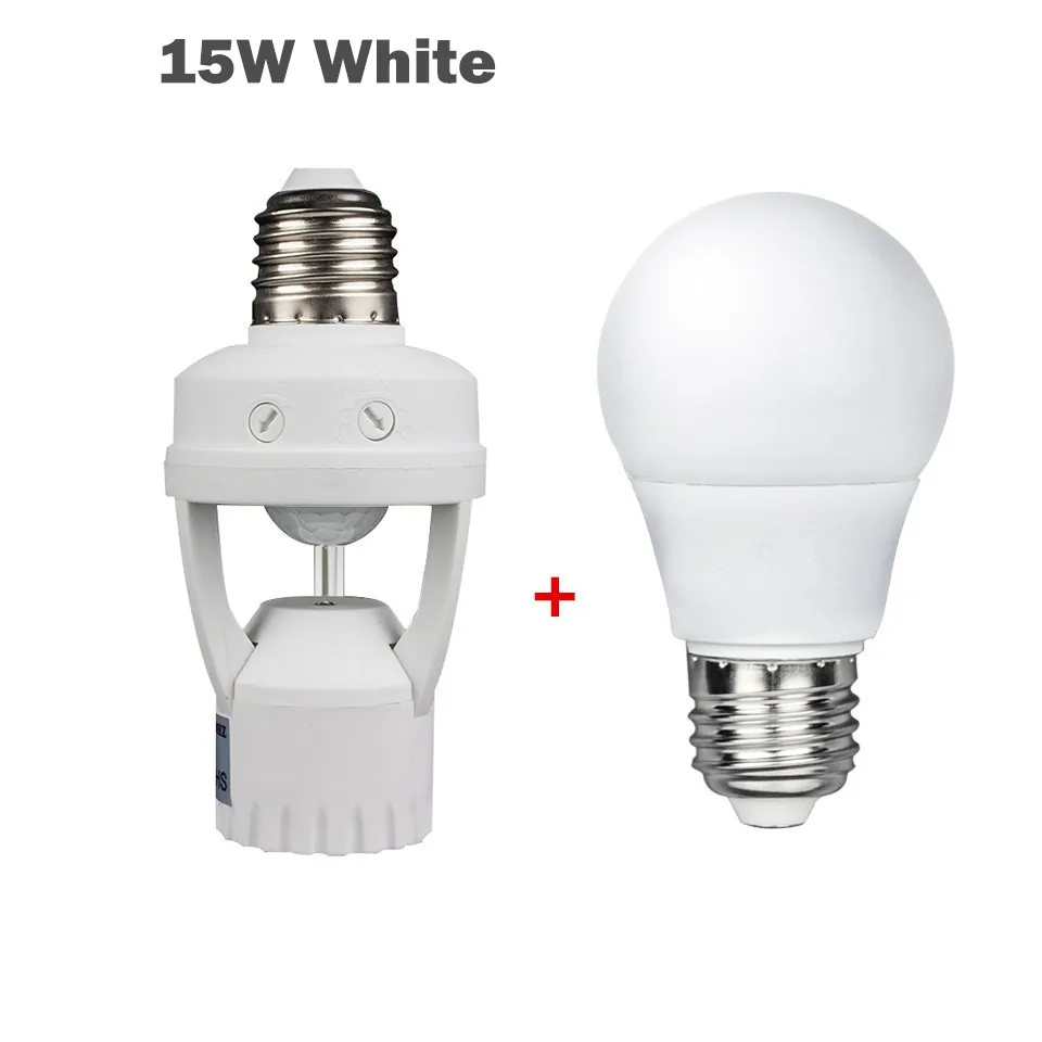 with 15W White Супер яркий 15 Вт 220 В E27 светодиодная лампа+ лампа адаптер держатель лампы PIR датчик движения держатель лампы Bombilla Led 220 В E27 датчик - Испускаемый цвет: with 15W White