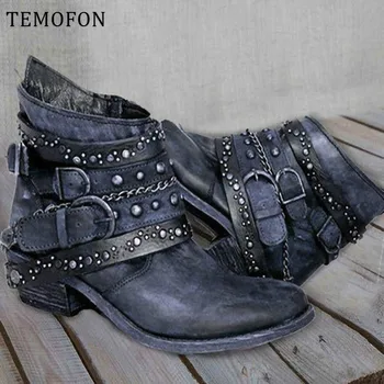 

TEMOFON fashion ankle boots for women Vintage Studded martin Boots Women autumn winter plus size women shoes footwear HVT1392
