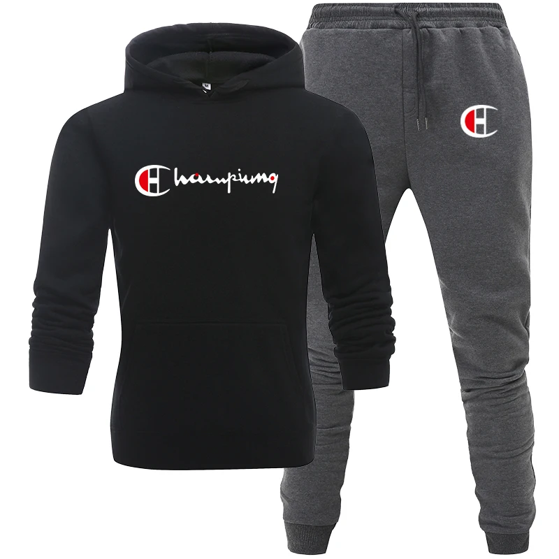 black Dark gray Спортивный костюм, мужской спортивный флисовый плотный брендовый костюм с капюшоном, повседневный спортивный костюм, мужская куртка+ штаны, теплая зимняя толстовка с мехом внутри - Цвет: black Dark gray