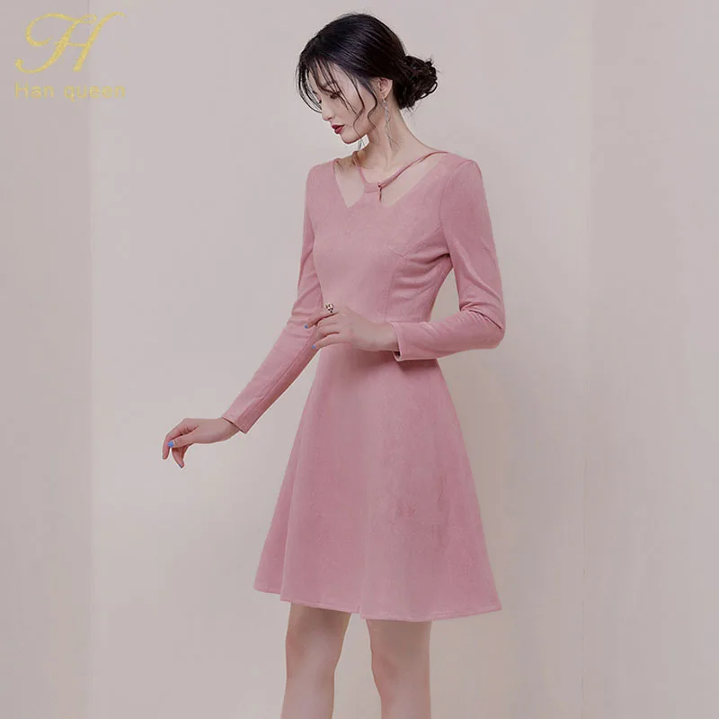 Red H Хан queen однотонные Цвет элегантные Винтаж A-Line платье Для женщин осень с лямкой на шее норки платья OL повседневная одежда офиса работа Vestidos - Цвет: Red