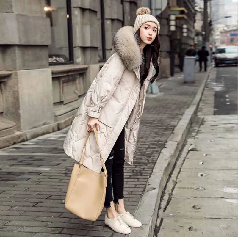 

Female Winter Warm Down Coat With Real Fur Hooded Black Long Feather Down Jacket Warm Parkas Coat Outerwear For Women Plus Size