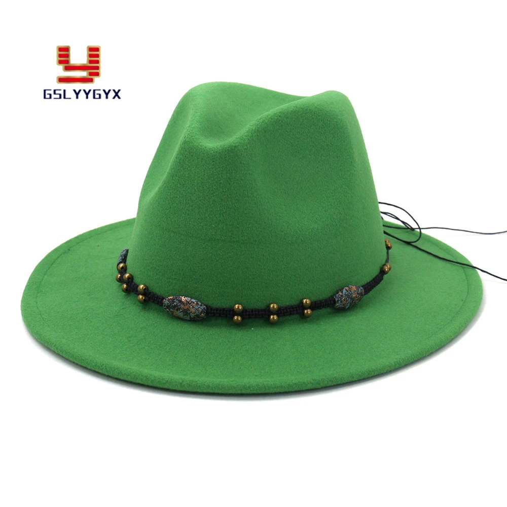 

New Arrivel Grass Green Woolen Felt Fedora Hat Wide Brim Women Men Vintage Church Party Jazz Panama Hat