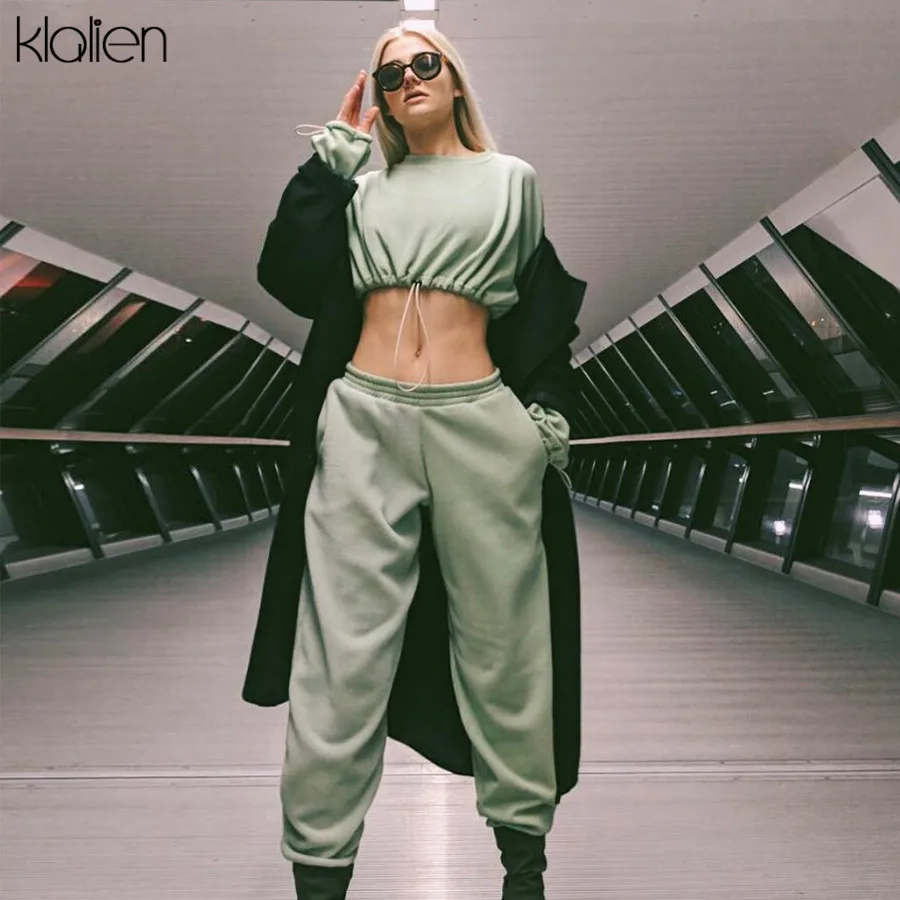 

KLALIEN full sleeve drawstring short top hoodies + solid casual elastic pants 2019 women fashion autumn winter 2 pieces set
