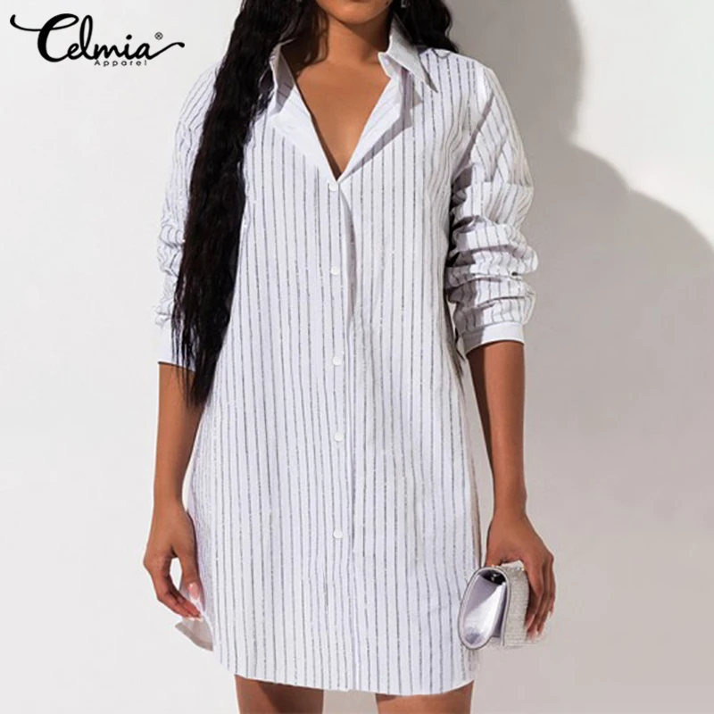 

Celmia Women Striped Shirts Vintage Blouse Casual Ladies Sexy Tops Long Sleeve Laple Collar Button Loose Female Blusas Plus Size