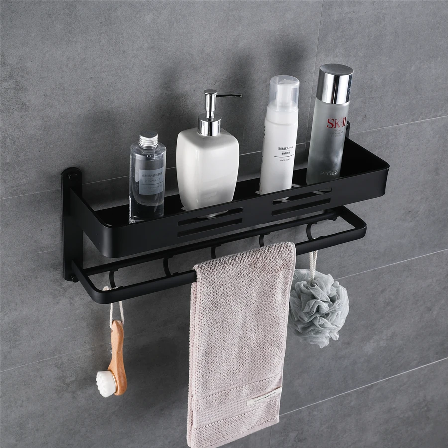 Black Bathroom Shelf Shower Caddy Wall Mounted Kitchen Bath Rack with Bar  Hook Space Aluminum Shelves Organizer Storage etagere - AliExpress