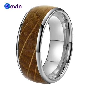 

8MM Tungsten Engagement Wedding Bands Rings for Men Women Real Whiskey Barrel Oak Wood inlay Domed Shape Polished Shiny