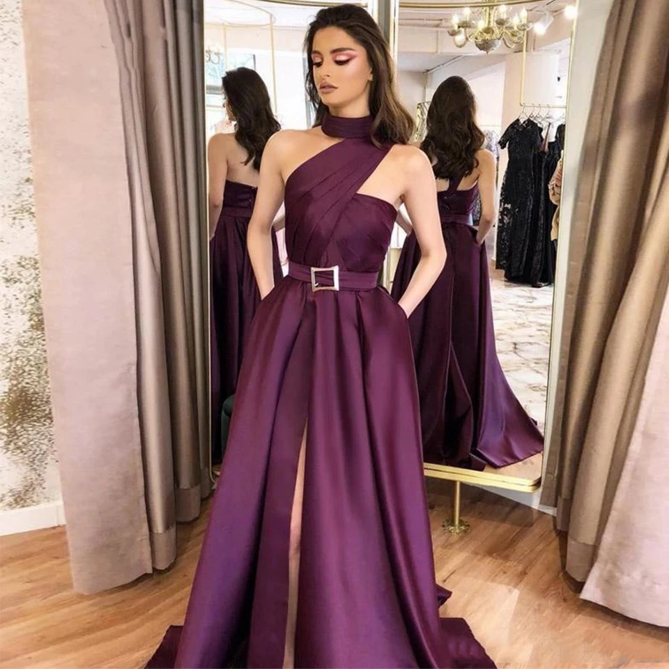 

Elegant Halter Evening Dresses 2024 Sleeveless A-Line Backless Floor Length Pleat Side Slit Satin Party Prom Gown With Belt