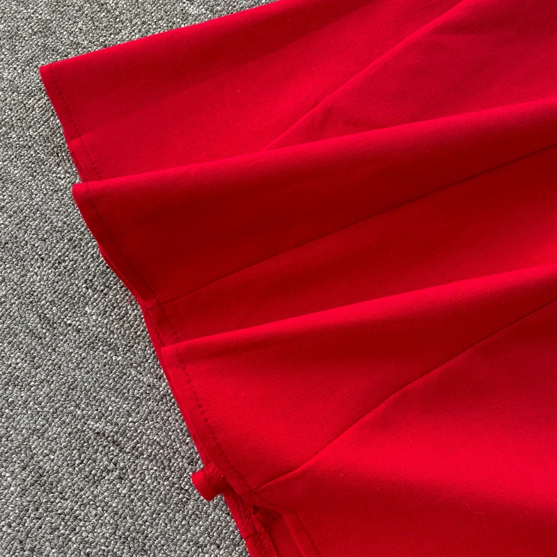 Модный красный женский комплект из 2 предметов, элегантный однобортный Топ с коротким рукавом+ пикантная юбка средней длины с глубоким v-образным вырезом, комплект из двух предметов