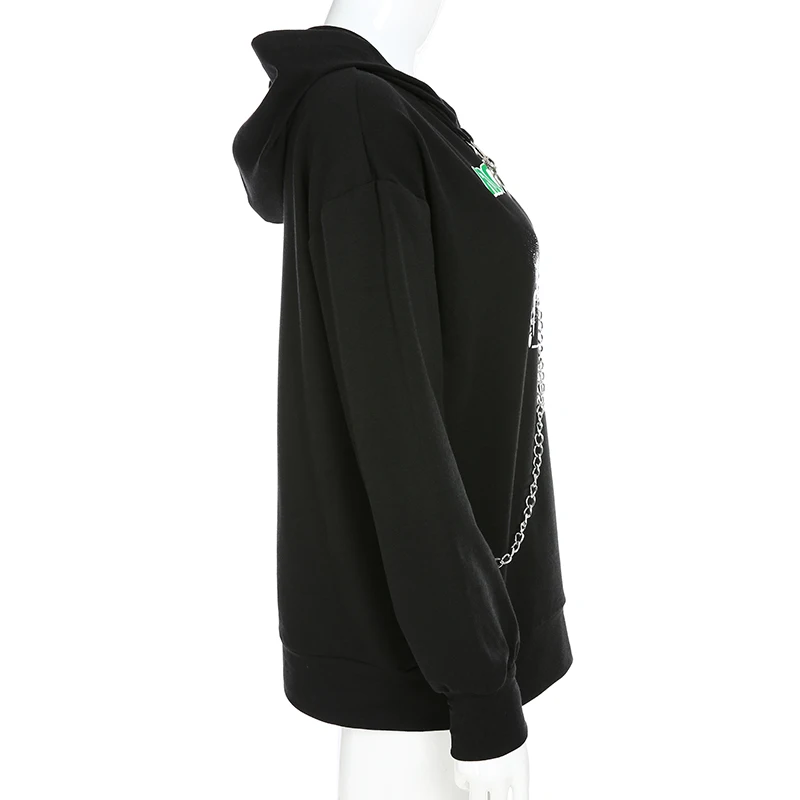 Sweetown черный готический большой длинный худи с металлическими цепочками печатные женские толстовки с длинным рукавом толстовки осень зима