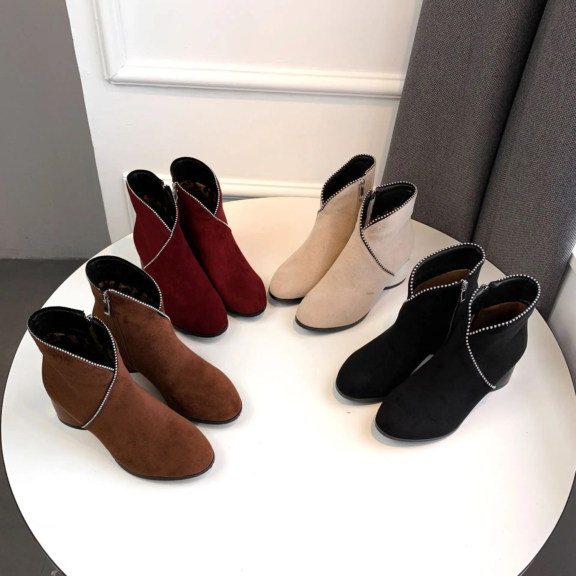 

Chunky Heel Round Toe Bootee Woman 2019 Brand Women's Shoes Boots Female Winter Zipper Booties Ladies Med Fashion High Heel