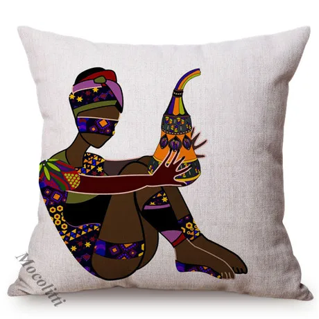 African Folk Traditional Music Art Hand Painted Africa Women Ride Giraffe Abstract Pattern Sofa Pillow Cover Linen Cushion Cover K156-8