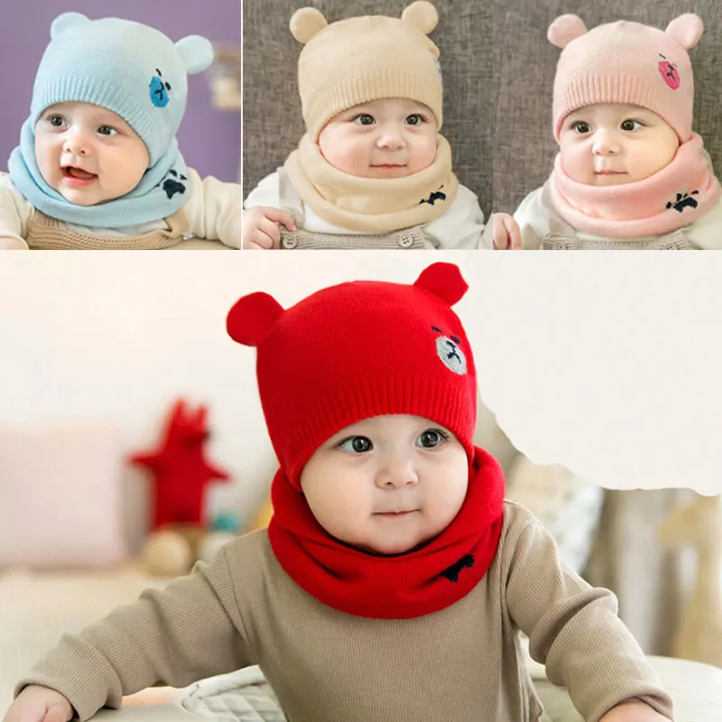 

Autumn And Winter New Children's Knitted Wool Hat Bib Two-piece Cute Bear Thick Warm Men And Women Baby Bib Knit Hat